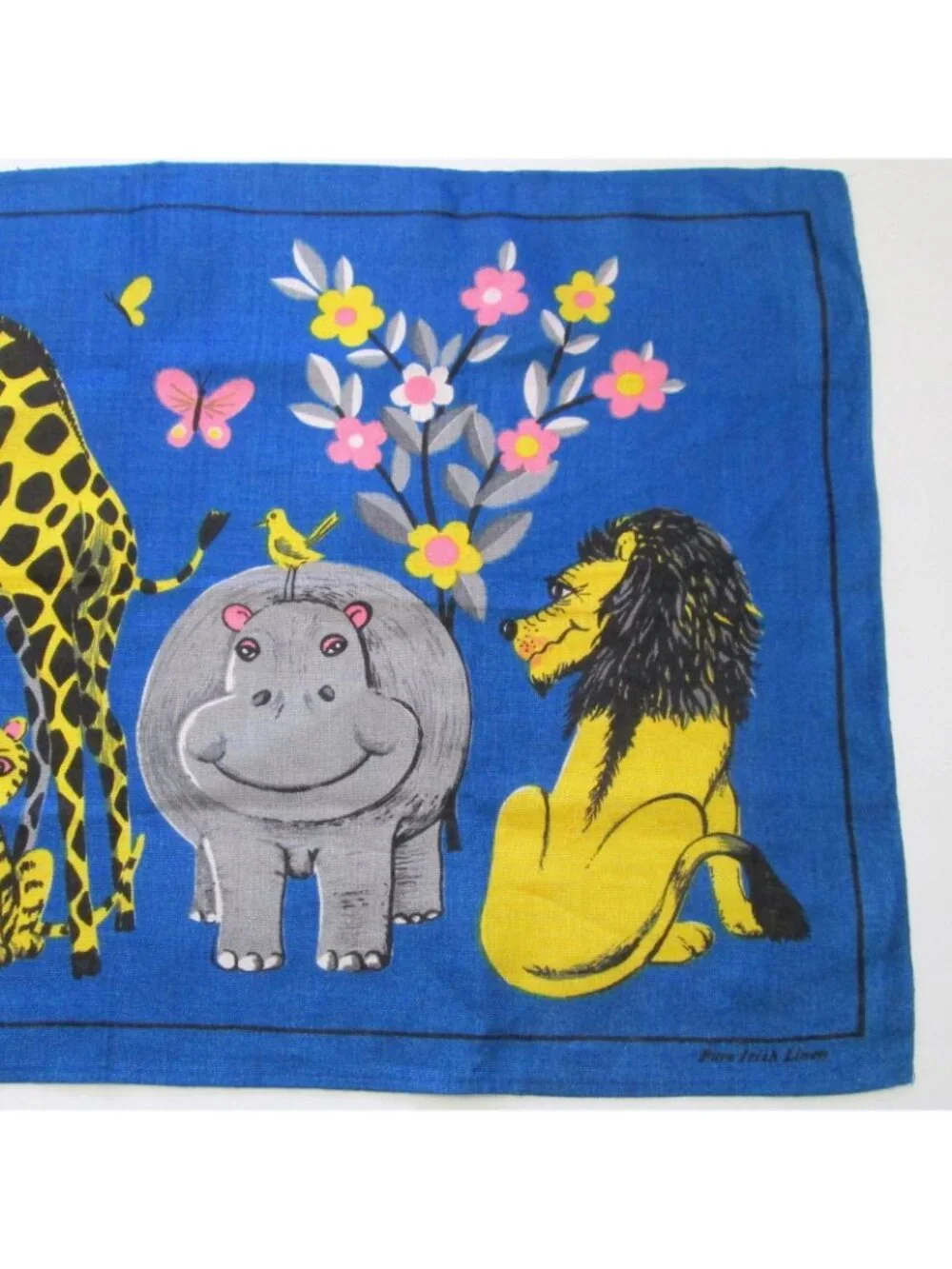 Vintage Old Bleach Tea Towel 741 Zoo Animals Blue Background Irish Linen 19 x 29